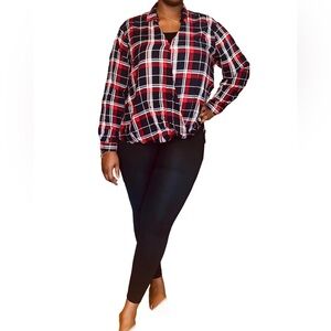 MISS LILI PLAID FAUX WRAP CROSSOVER BLOUSE - RED SIZE 3X (NEW WITH TAGS) A19